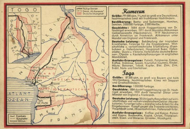 german west africa, Cameroon Togo, Map Postcard (1919)