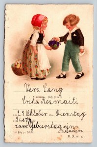 Boy Hands Basket of Purple Flowers to Girl Birth Announcement VTG Postcard 1115