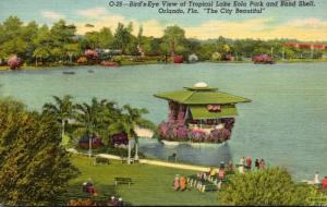 Florida Orlando Birds Eye View Of Lake Eola and Band Stand 1956 Curteich