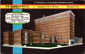 Postcard The Sheridan Hotel Marquette at 11th to 12th in Minneapolis, Minnesota