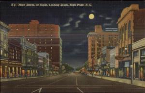 High Point NC Main St. at Night Linen Postcard