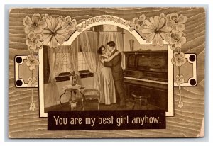 Romance Couple Embrace You Are My Best Girl Anyhow Piano Sepia DB Postcard U8