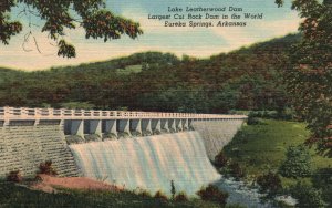 Vintage Postcard Lake Leatherwood Dam Largest Cut Rock Dam Eureka Springs AR
