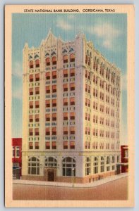 Corsicana Texas~State Natl Bank Bldg St View~Gothic Revival~Linen 1940s Postcard