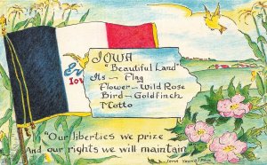 IOWA~BEAUTIFUL LAND~STATE FLAG-FLOWER & MOTTO-YOUNG PAUL~1955 POSTCARD