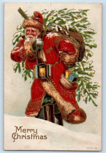 Christmas Santa Claus Sack Of Toys Lantern Winter Scene Kenton Ohio OH Postcard