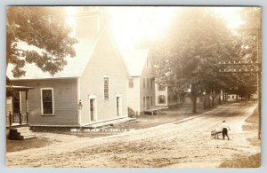 Felchville VT~Universalist Church~Young Man w/ Full Wheelbarrow~Homes~1912 RPPC
