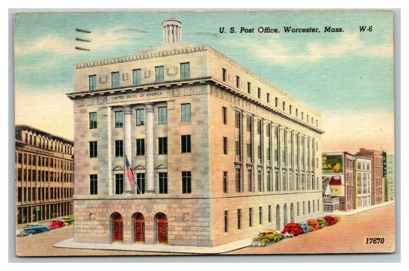 Vintage 1950 Postcard U.S. Post Office Antique Cars Worcester Massachusetts