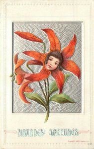 c1908 P. Sander Embossed Postcard 232; Girls Face in Orange Tiger Lily Flower