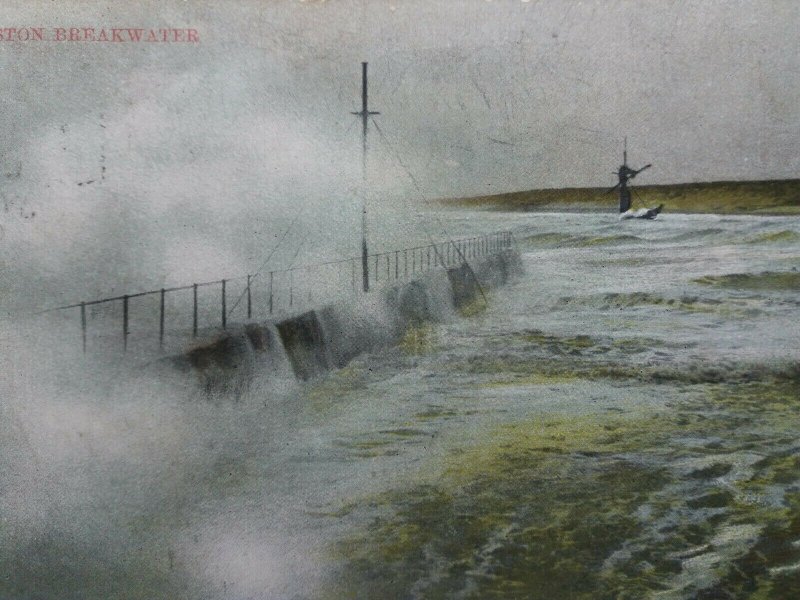 Roigh Seas at The Breakwater Gorleston Norfolk Vintage Antique Postcard 1908