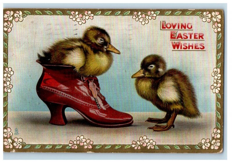 1911 Easter Wishes Oxford Red Shoes Chicks Hen Embossed Tuck's Postcard