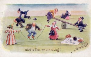 Fat Man on Skipping Rope See Saw Leap Frog Old Comic Postcard