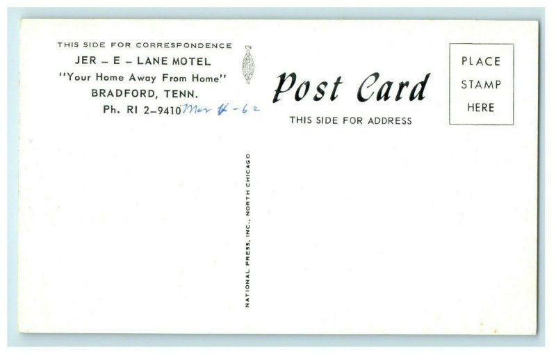 1962 Jer-E-Lane Motel Restaurant Bradford Tennessee TN Vintage Postcard 