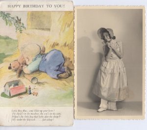 Little Boy Blue With Toy Farm Teddy Box Set 2x Old Postcard