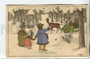 462209 Pauli EBNER SANTA CLAUS Forest Deer Sled Vintage Vienne Munk #779