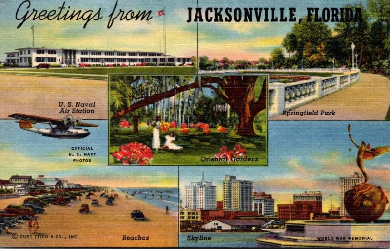 Florida Jacksonville Greetings Showing Naval Air Station Beaches & More 1956 ...