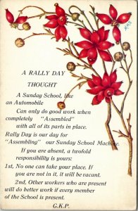 Red Flowers Rally Day Thought Sunday School Artist Signed M.M.S. Postcard T17
