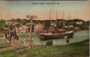 Thomaston Maine Hand Colored Harbor Scene 1938 to New Britain CT Postcard T17