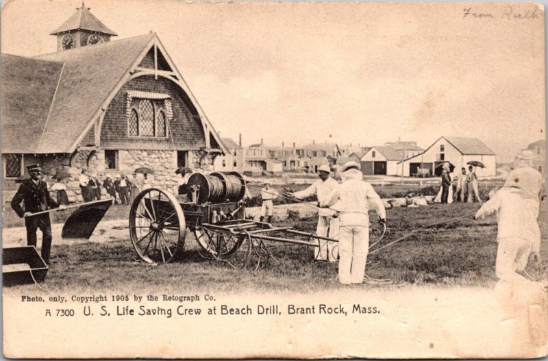 Postcard U.S. Life Saving Crew at Beach Drill in Brant Rock, Massachusetts
