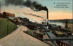 GREAT FALLS MT Great B&M Copper Smelter RAILROAD TRAINS c1910 Postcard