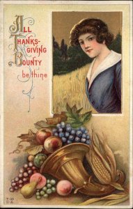 Thanksgiving Pretty Woman Fruit Cornucopia c1910 Vintage Postcard