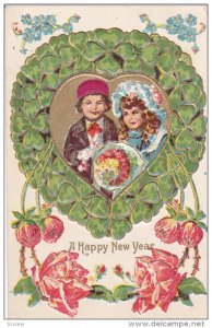 NEW YEAR; 1900-1910's; Boy And Girl Surrounded By Shamrocks, A Happy New Year