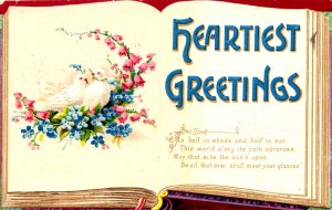 Heartiest Greetings - Open Book with Doves - Embossed - c1908