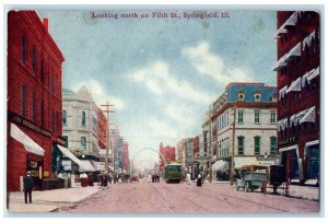 c1910's Looking North On Fifth Street Trolley Springfield Illinois IL Postcard