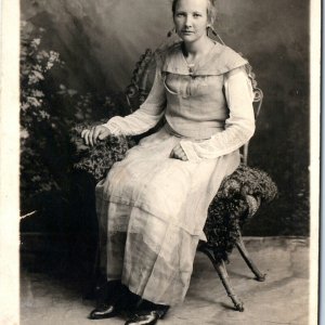 c1920s Cute Young Lady RPPC Woman Sit Real Photo Unique Sleeves Fashion A160