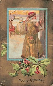 Brown Coat & Hat Old World Santa Claus~WideGilt Border-Merry Christmas POSTCARD