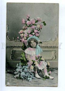 244229 GREETING Charming Girl in Flowers ROSES Vintage tinted 