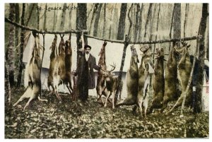 C.1910 Hunting Camp Large Dead Deer Hunter, St. Ignace, MI Vintage Postcard P120