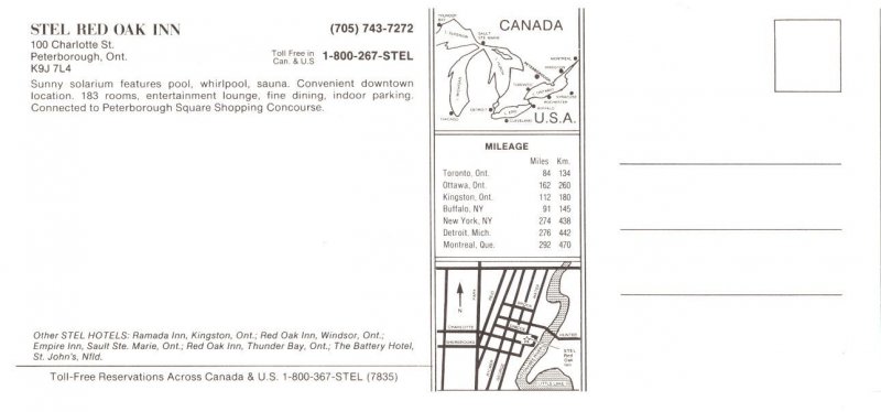 Stel Red Oak Inn Peterborough Ontario, Mileage Map 4 X 9 In Advertising Postcard