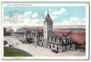 1921 Aerial View Locomotive Union Station Building Tower Portland Maine Postcard