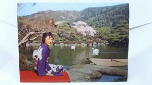 Japanese Lady by Lake in Nomura Gardens Kyoto Japan Air Lines Vintage Postcard