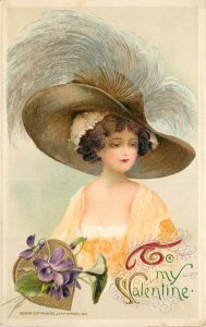 Winsch Schmucker Valentine Embossed Postcard Woman in Fancy Hat Feather Plumes