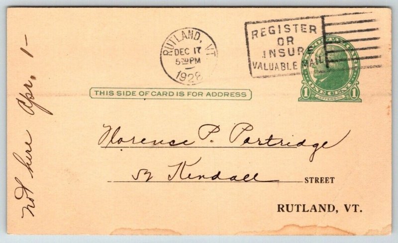 1928  Rutland  Vermont  Election  Kendall Street  Postal Card  Postcard