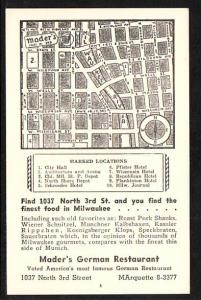 Mader's German Restaurant Map Milwaukee WI Post Card  5130