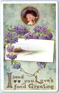 Postcard - I send you Love's fond Greeting with Flowers Lady Art Print