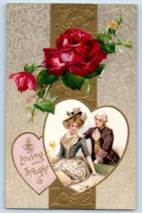 Valentine Postcard Colonial Couple Romance Roses Flowers Winsch Back Embossed