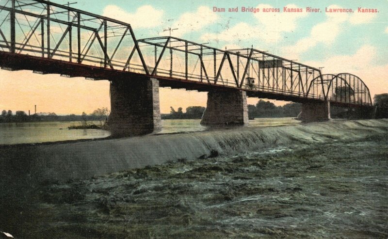 Vintage Postcard Dam & Bridge Across Kansas River Lawrence Kansas KS