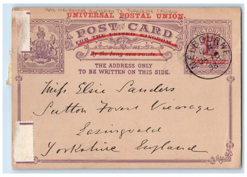 1898 Melbourne Australia to Yorkshire England Antique Posted Postcard