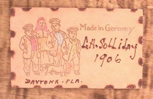 1906 DAYTONA FL GERMAN GROUP DATCHSHUND DOG LEATHER POSTCARD P2560