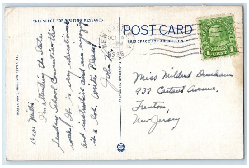 1936 George Washington Junior High School New Castle Pennsylvania PA Postcard 