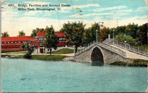 Postcard IL Bloomington Bridge Pavilion & Animal House Miller Park Lake 1923 V23