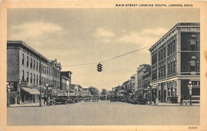 J63/ London Ohio Postcard Linen Main Street Looking South Stores  113