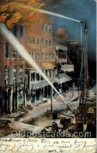 Water Tower in Action, Fire Related 1908 light corner wear, writing on front,...