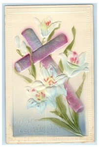 1909 Easter Airbrush Cross Lily Flower Embossed Germany Antique Postcard
