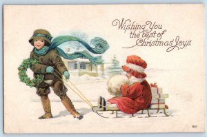 Christmas Postcard Children Sledding Handwarmer Winter Scene Elgin Iowa IA 1921