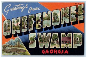 1940 Greetings From Okefenokee Swamp Trembling Earth Georgia Big Letter Postcard